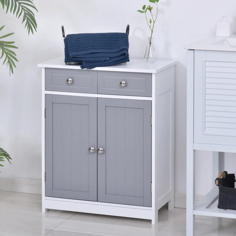 kleankin Meuble de salle de bain meuble de rangement 2 tiroirs placard double porte et étagère réglable 60 x 30 x 75 cm gris