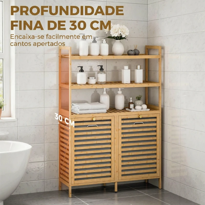 HOMCOM Móvel para Roupa Suja em Bambu com 2 Cestos Inclináveis de 38,7 L e 3 Prateleiras, 80x30x118 cm, Carvalho