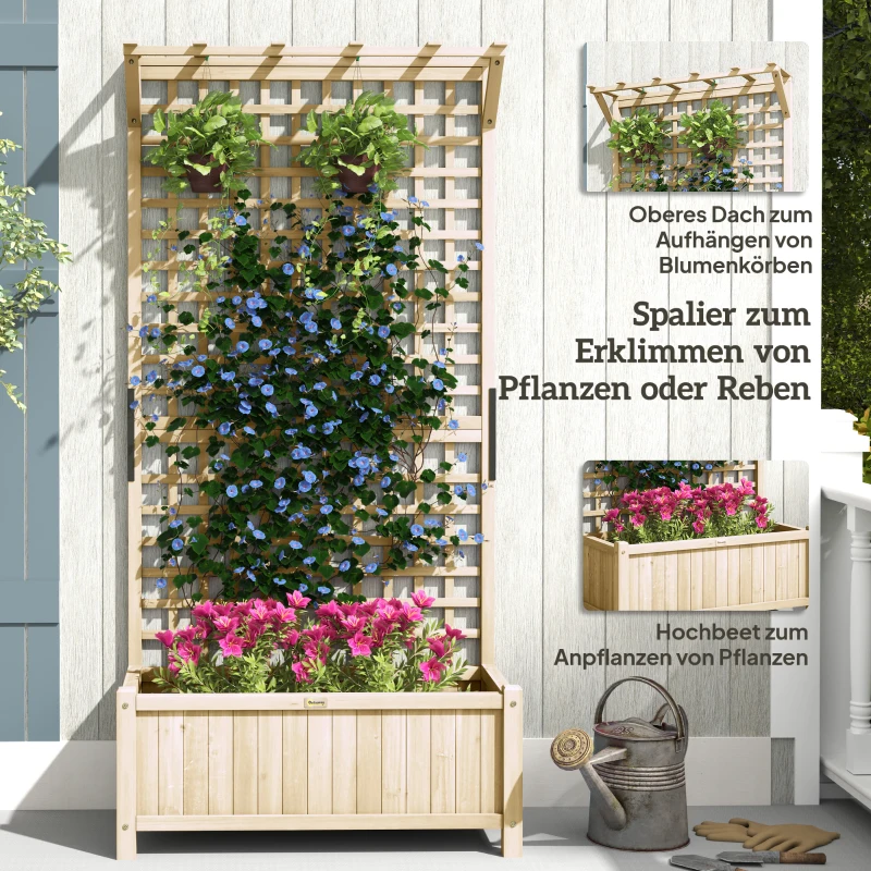 Outsunny Hochbeet mit Spalier und Dach, Pflanzkasten, Blumenbeet, wetterfest, Holz, 90 x 45 x 183 cm, Naturholz
