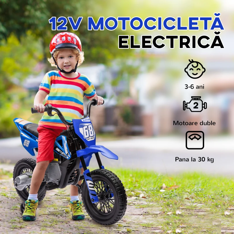 AIYAPLAY Motocicletă electrică pentru copii cu roți ajutătoare detașabile, suspensii, sunete și indicator de încărcare, albastră
