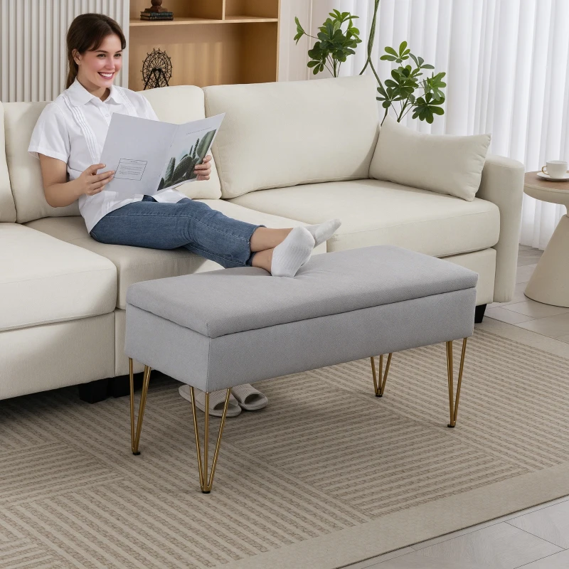 HOMCOM Banco Pie de Cama Tapizado en Lino Sintético con Patas de Acero y Asiento Acolchado Gris Claro