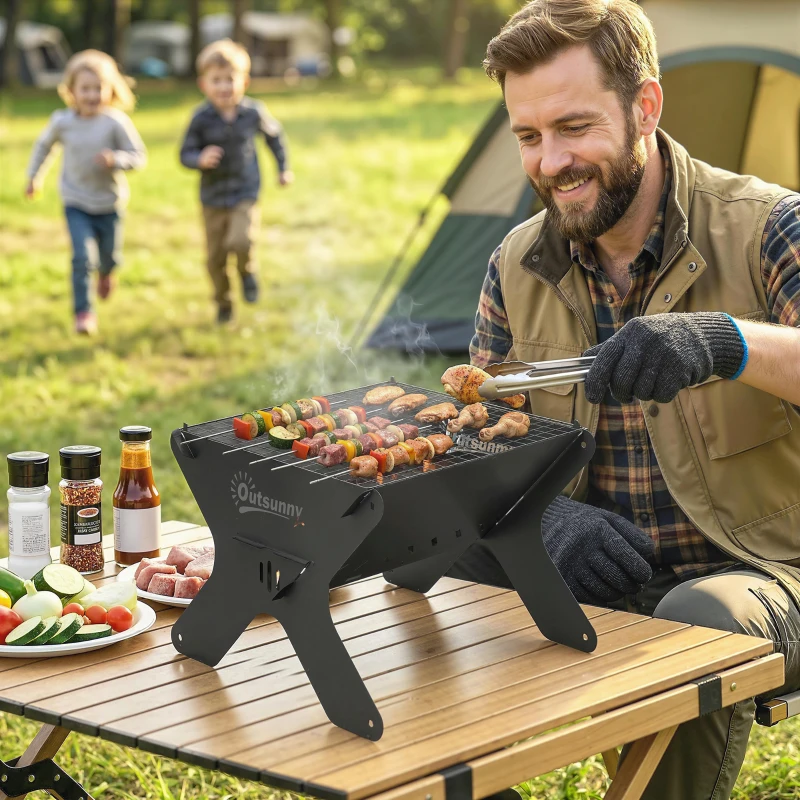 Outsunny 2-In-1 Portable BBQ Grill and Camping Fire Pit, Tabletop Charcoal Barbecue Grill with Gripper, Gloves and Carry Bag