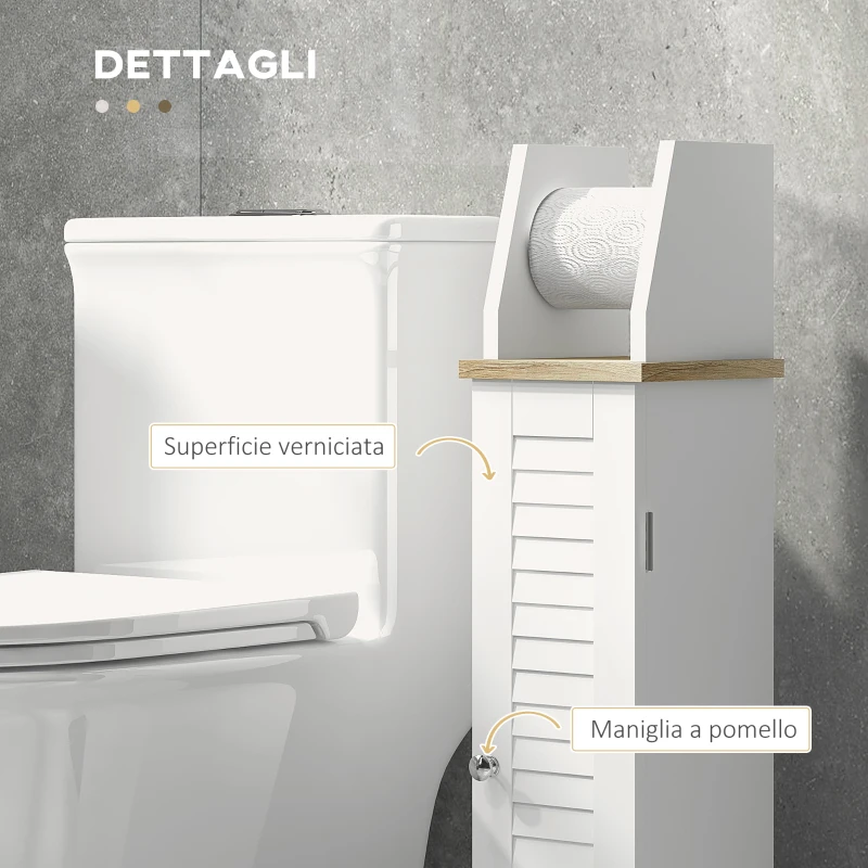 kleankin Mobile Bagno Porta Carta Igienica Salvaspazio con Armadietto e Mensola Regolabile, 18x20x80 cm, Bianco