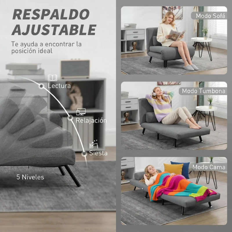 HOMCOM Sofá Cama Individual Plegable con Respaldo Ajustable de 5 Niveles Cojín y Tapizado de Lino Sintético 75x70x75 cm Gris