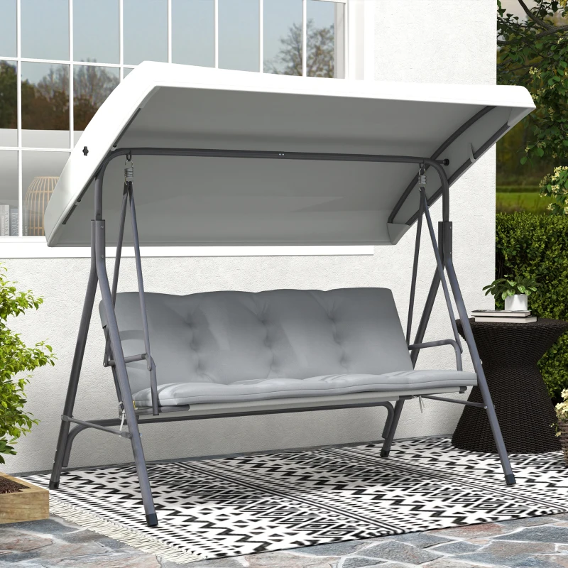 Outsunny Dondolo da Giardino 3 Posti con Tettuccio Regolabile e Cuscini, 172x110x156 cm, Grigio Chiaro