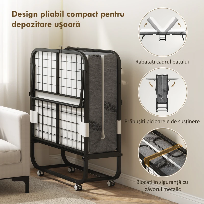 HOMCOM Pat pliabil single 90x200 cm cu saltea groasă de 10 cm, cadru metalic și roți cu frână, negru