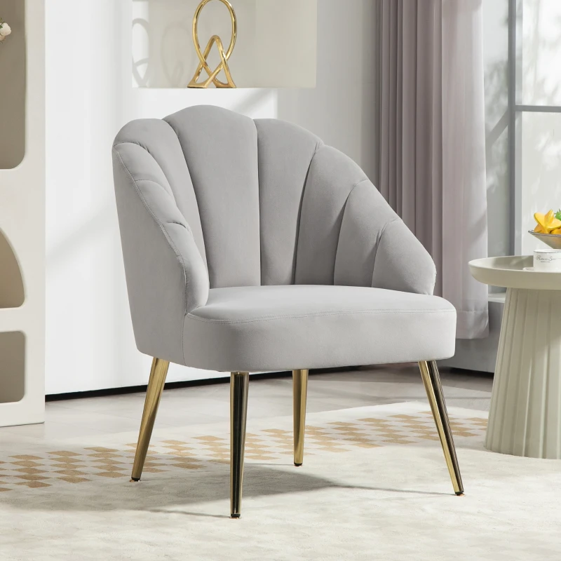 HOMCOM Poltrona in Velluto da Camera e Salotto a Conchiglia Stile Art Deco, Acciaio, 63x65x84 cm, Grigio