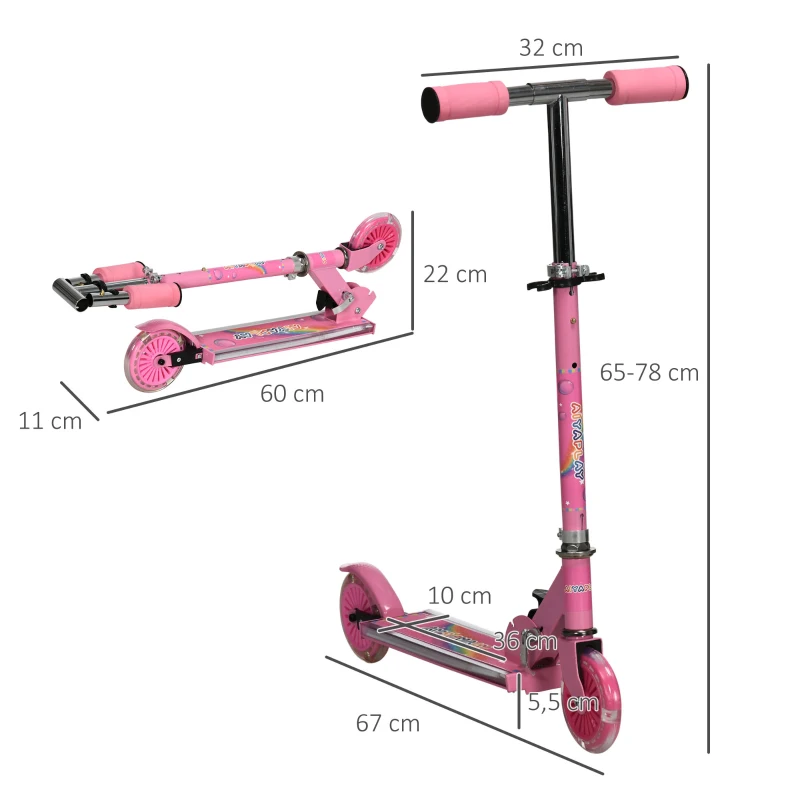 HOMCOM Roller Kinder Scooter mit LED Rädern 124 mm Rollen klappbarer Höhenverstellbar mit Musik Hinterradbremse Rosa