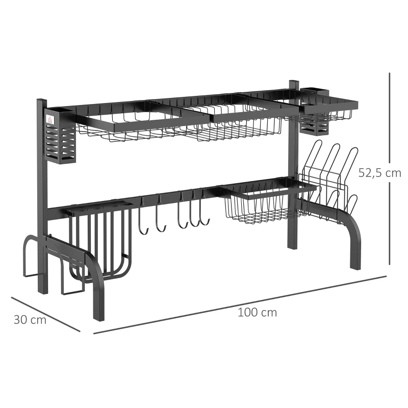 HOMCOM Abtropfgestell Geschirr, 2-stufiges Abtropfständer mit Haken, Tellerregal, Zubehör, 100 cm Stahl, Schwarz