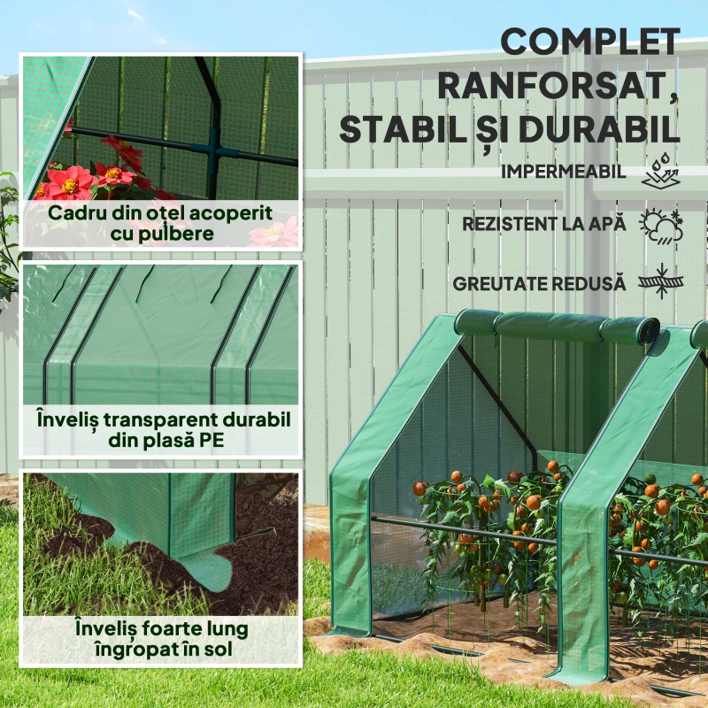 Outsunny Mini Seră de Grădină cu 4 Uși Rulabile și Acoperire Extinsă, din Oțel și PE, 360 x 90 x 90 cm, Verde