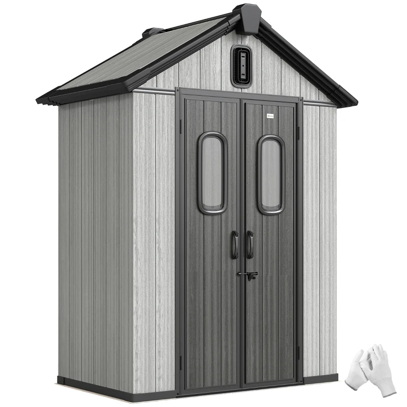 Outsunny Depozit de grădină, șopron, depozit pentru unelte, din plastic, cu podea, cadru metalic, guri de aerisire, 2 ferestre, uși duble blocabile, acoperiș înclinat, 3m², gri