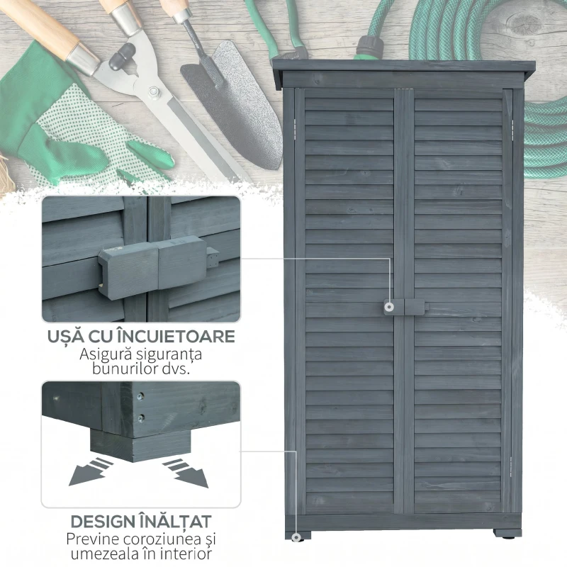 Outsunny Dulap de Exterior din Lemn cu 2 Uși Tip Jaluzea și Rafturi Interne, 87x46.5x160 cm, Gri