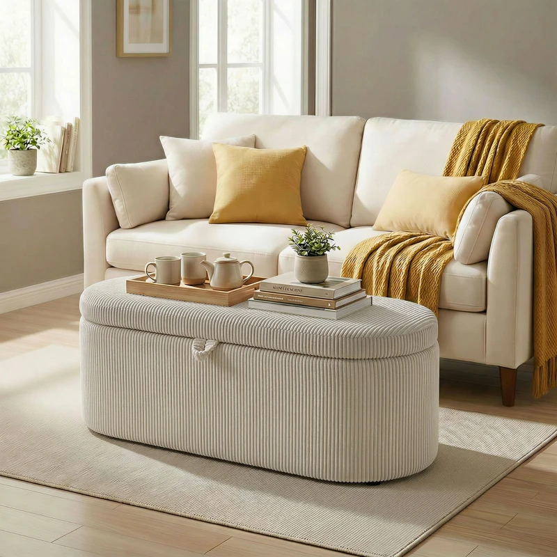 HOMCOM Aufbewahrungs-Ottomane, Cord-Polsterung mit gepolsterter Sitzfläche, Sitzbank am Bettende, 105 x 51 x 49 cm, Beige