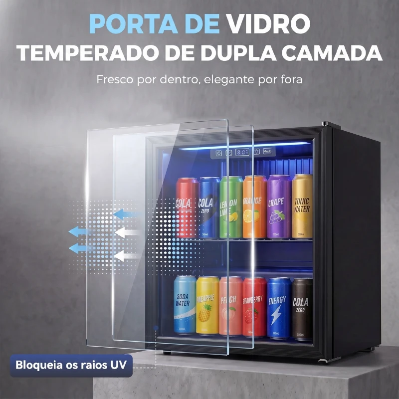 HOMCOM Frigorífico de Bebidas 50 L com Porta de Vidro Duplo Iluminação LED Prateleira Ajustável para 48 Latas