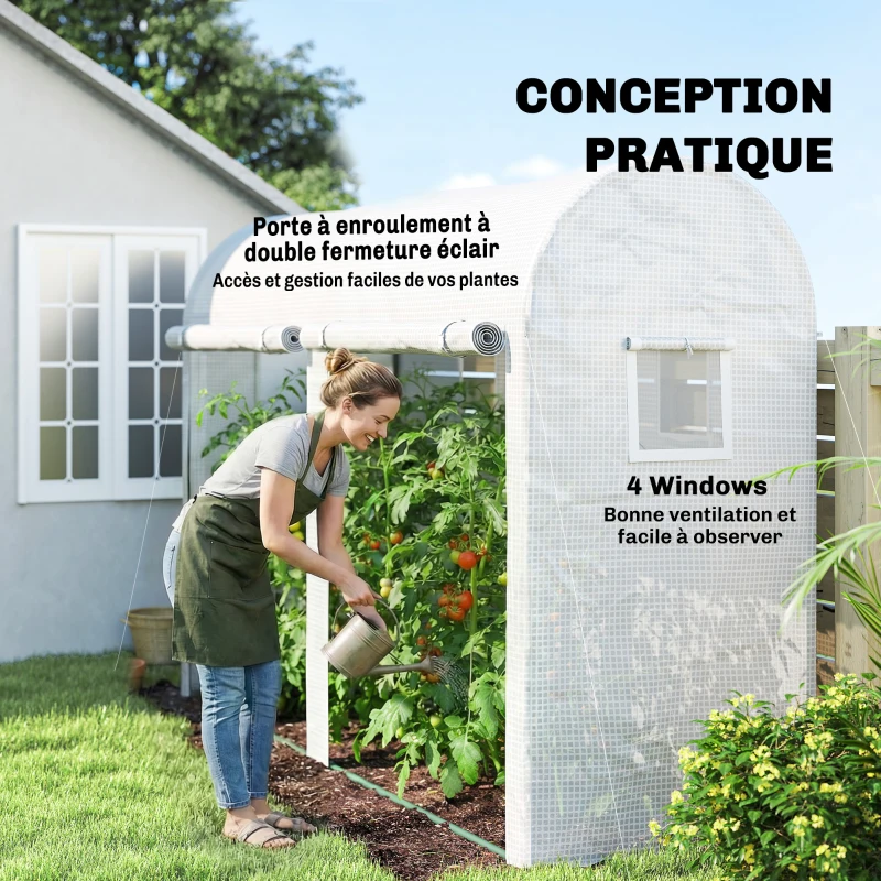 Outsunny Serre de Jardin, Petite Serre de Balcon en Bâche PE Châssis Acier, Portes et Fenêtres Roulantes 300 x 100 x 200 cm blanc