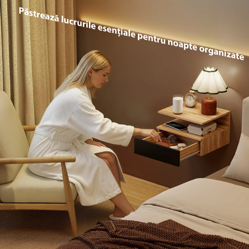 HOMCOM Set de 2 noptiere suspendate moderne cu sertar și raft superior, 35x32x22,5cm, stejar și negru