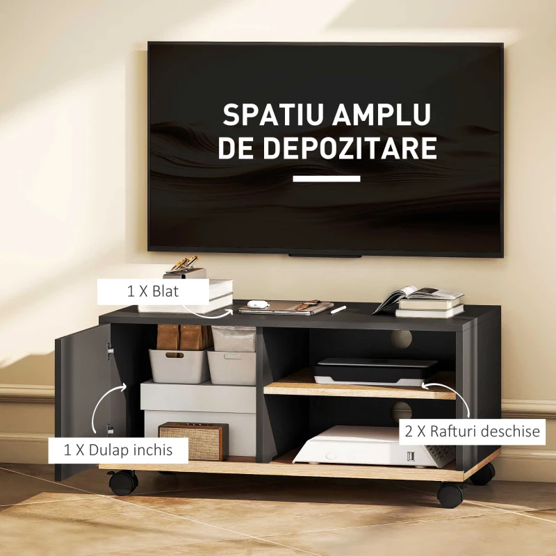 HOMCOM Mobilier TV pentru Televizoare până la 42" cu Roți și Frâne, Dulap și Raft Reglabil, 80x45x41 cm, Negru