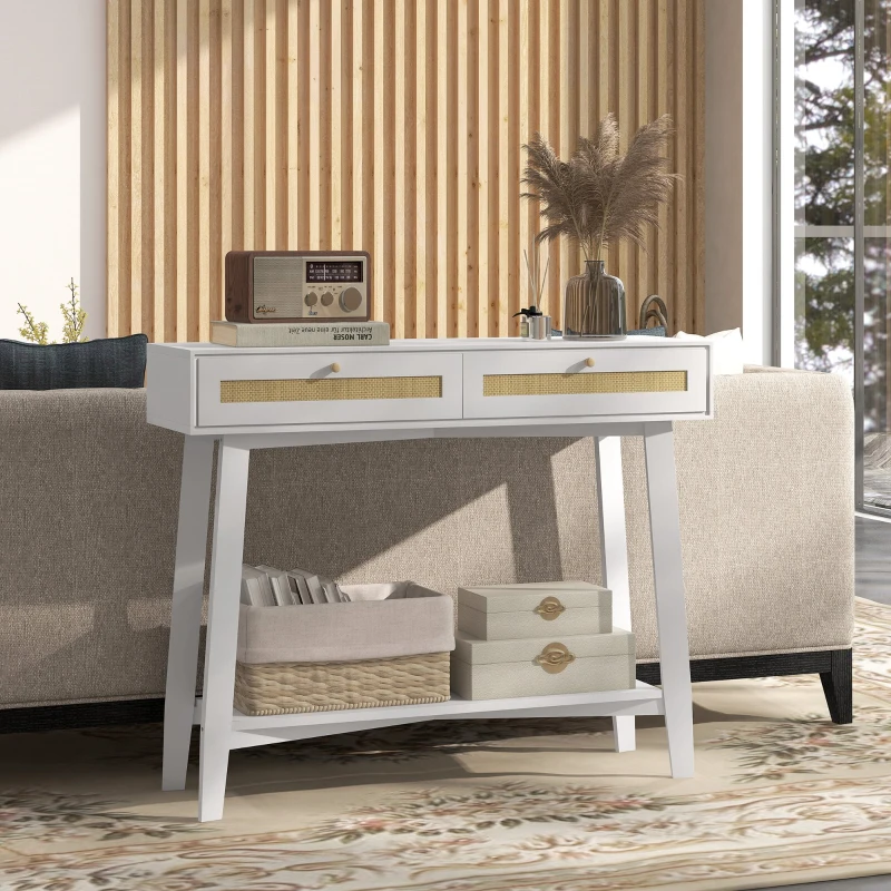 HOMCOM Mesa Consola para Entrada Mesa de Entrada com 2 Gavetas de Desenho de Vime para Sala Corredor 100x30x81 cm Branco