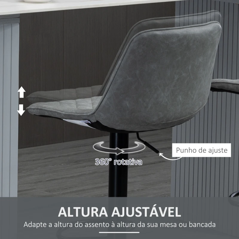 HOMCOM Conjunto de Bancos de Bar Estofados em PU Bancos Altos de Sala de Jantar com Altura Ajustável 46,5x51x86-106 cm Cinzento