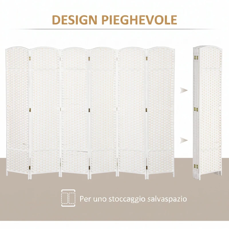 HOMCOM Paravento Divisorio da Interni Pieghevole a 6 Ante Intrecciato, 240x170 cm, Bianco