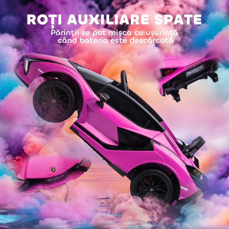 HOMCOM Mașină Electrică pentru Copii 3-5 Ani, Model Lamborghini 12V, cu Telecomandă și Viteză de 3-8 km/h, Roz