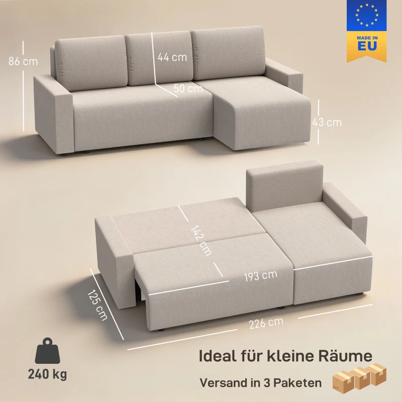 HOMCOM Ecksofa mit Schlaffunktion und umkehrbarer Chaiselongue, L-förmiges 3-Sitzer Sofa aus Veloursbezug, Beige