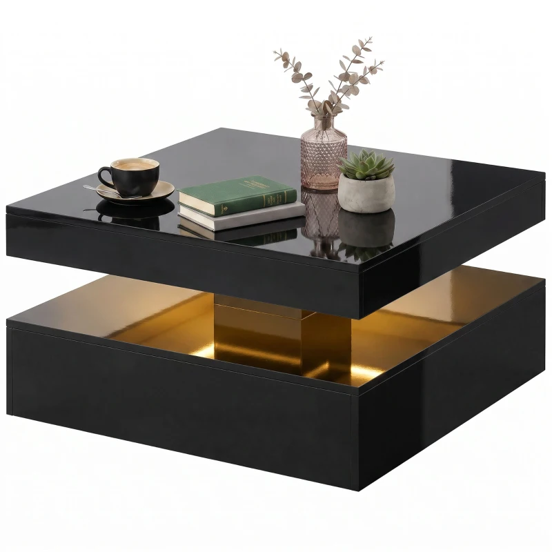 HOMCOM LED Coffee Table with Storage, 2-Tier Modern Centre Table with Open Shelf and Remote for Living Room, High Gloss Black