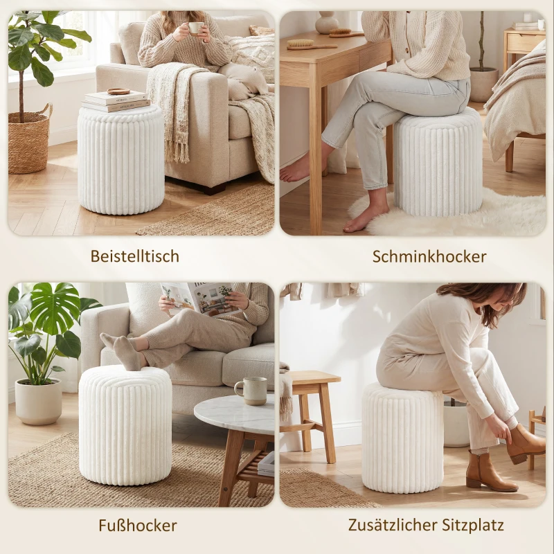 HOMCOM Aufbewahrungshocker mit Wendedeckel, Moderner Cord-Sitzhocker für Wohnzimmer und Schlafzimmer, Weiß