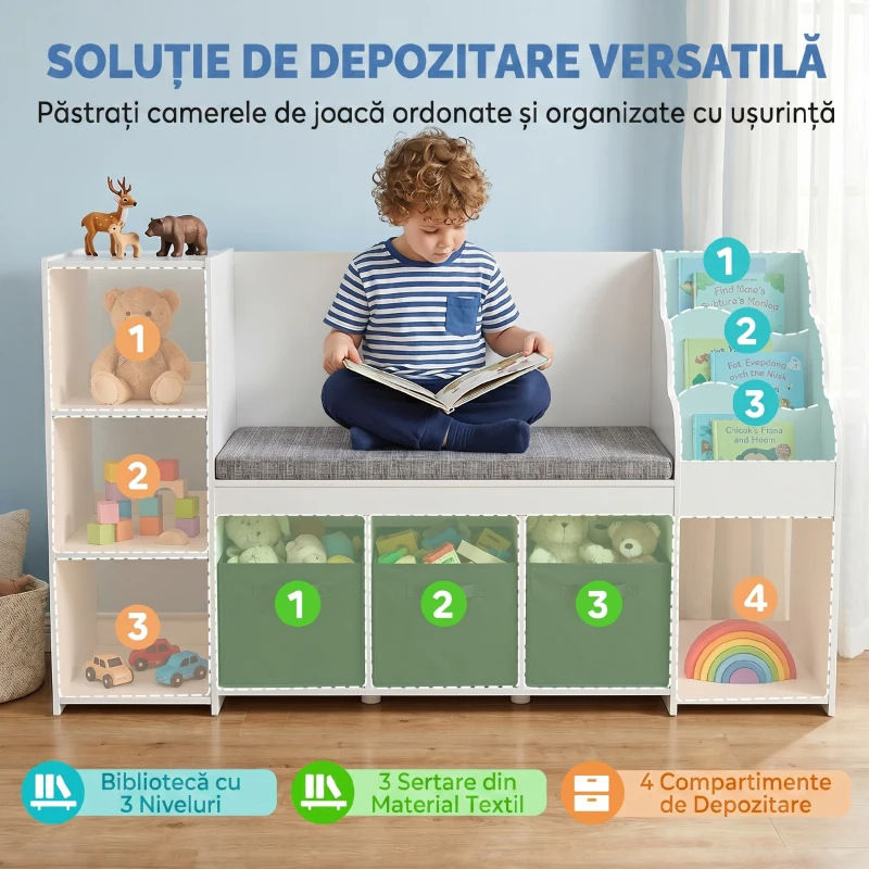AIYAPLAY Raft Depozitare Jucării Copii 3-8 Ani cu Bibliotecă pe 3 Niveluri, 3 Sertare, 4 Compartimente, Pernă, Alb