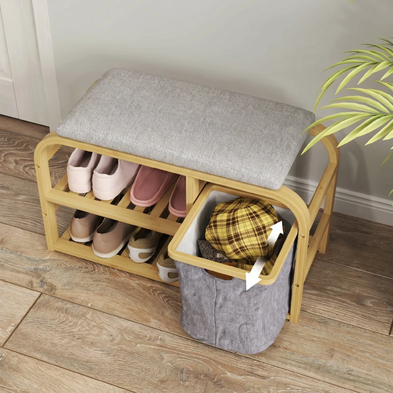 HOMCOM Bancă Pantofar pentru Hol cu Șezut Tapițat, Design cu Șipci și Coș Detasabil, 70x30x45 cm, Lemn