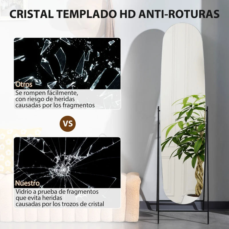 HOMCOM Espejo de Cuerpo Entero Arqueado 160x40 cm sin Marco Soporte de Metal Espejo de Pie o Apoyado en la Pared Negro