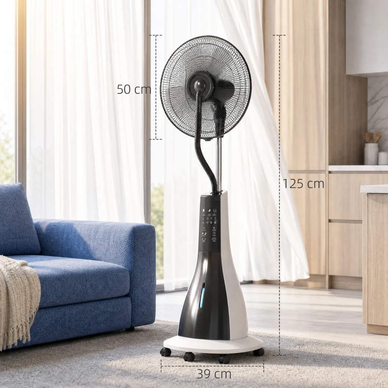 HOMCOM Ventilator mit Sprühnebel-Funktion, 75 Grad drehbar, 3 Geschwindigkeiten, 3 Modi, 3-Liter-Wassertank, Schwarz+Weiß
