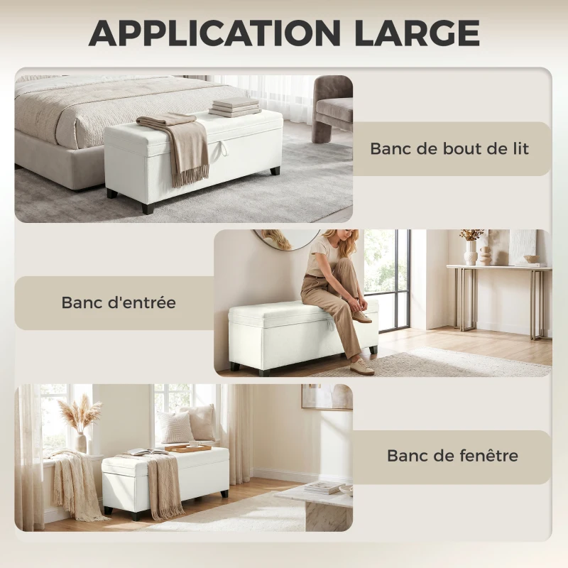 HOMCOM Banc de rangement 112L banquette bout de lit en tissu de lin, siège capitonné, 120 x 40 x 48 cm, crème