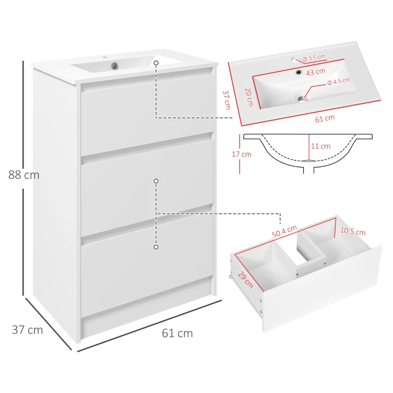 kleankin Mobiletto Bagno a 2 Cassetti in Truciolato con Lavabo in Ceramica Sintetica, 61x37x88 cm, Bianco