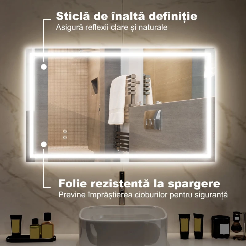 HOMCOM Oglindă de baie cu lumini LED reglabilă în 3 culori și strat antișoc, din sticlă și metal, 100x3x60 cm