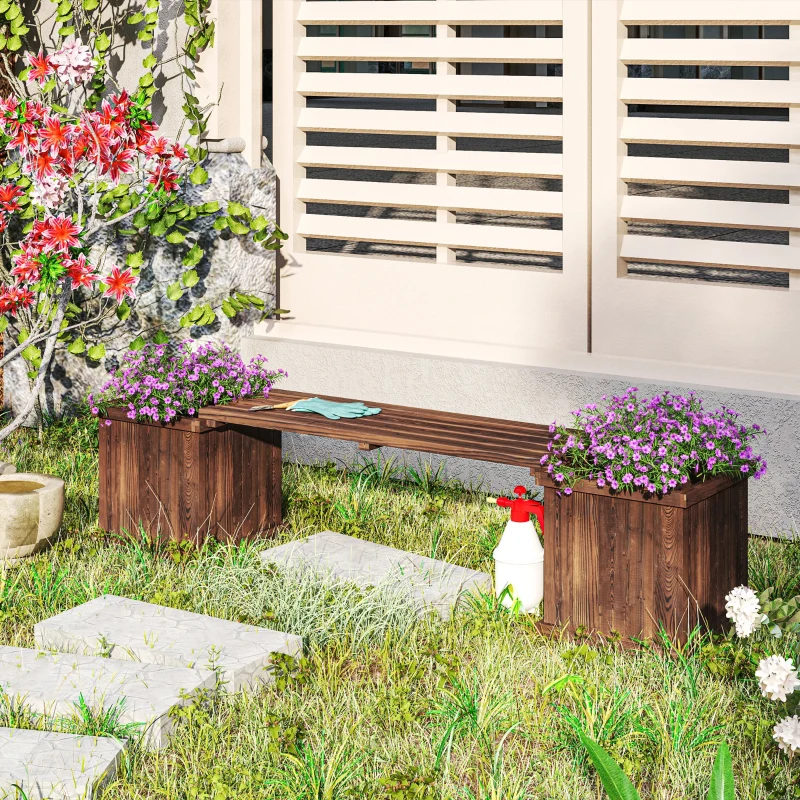 Outsunny Wooden Garden Planter & Bench Combination Garden Raised Bed Patio Park Carbonised Finish 176 x 38 x 40 cm