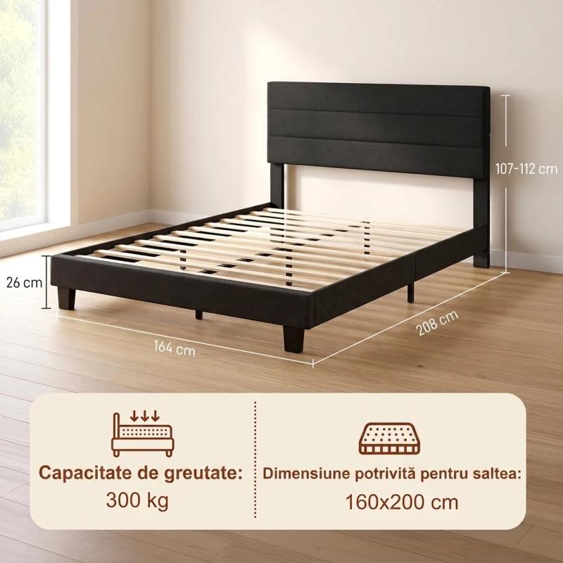HOMCOM Cadru de Pat Dublu cu Lamele, 160x200cm, Negru