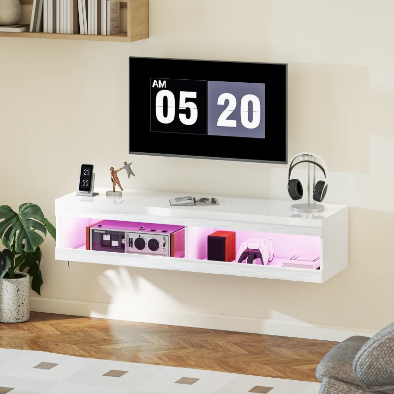 HOMCOM Mueble de TV Suspendido con Luces LED con Control Remoto Compartimentos Orificios Pasacables 140x40x30 cm Blanco Brillo