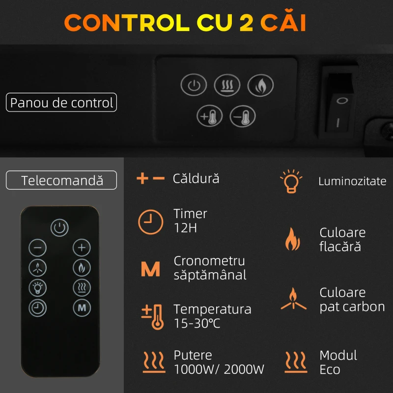 HOMCOM Șemineu Electric cu 10 Culori, Oprire Automată și Timer 12h, 61x28x66.5 cm, Alb
