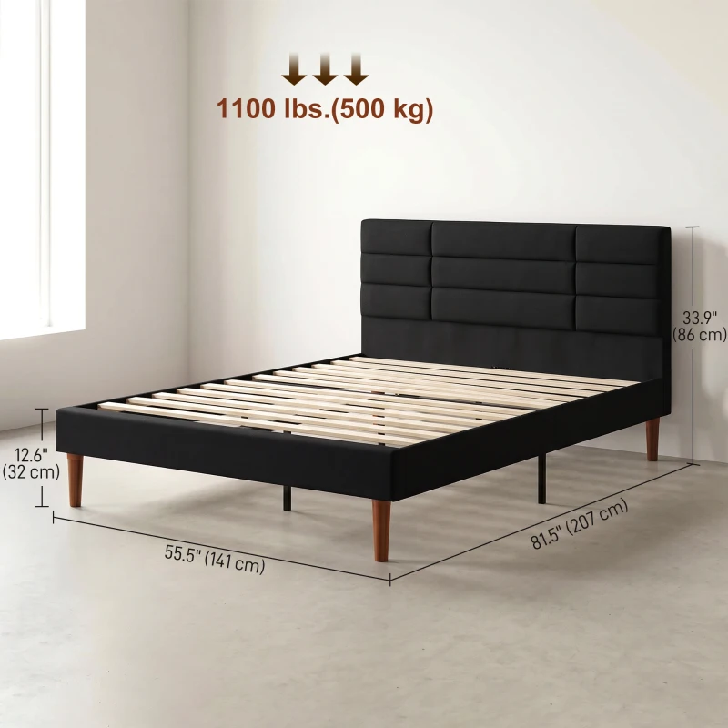 HOMCOM Estructura de Cama 140x200 cm con Lamas de Madera Cama Doble Acolchada en Efecto Lino con Almacenamiento Inferior sin Ruido Negro