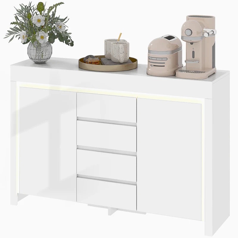 HOMCOM Buffet salon, meuble de rangement avec éclairage LED 4 tiroirs portes à fermeture douce 120 x 34 x 80 cm, blanc brillant