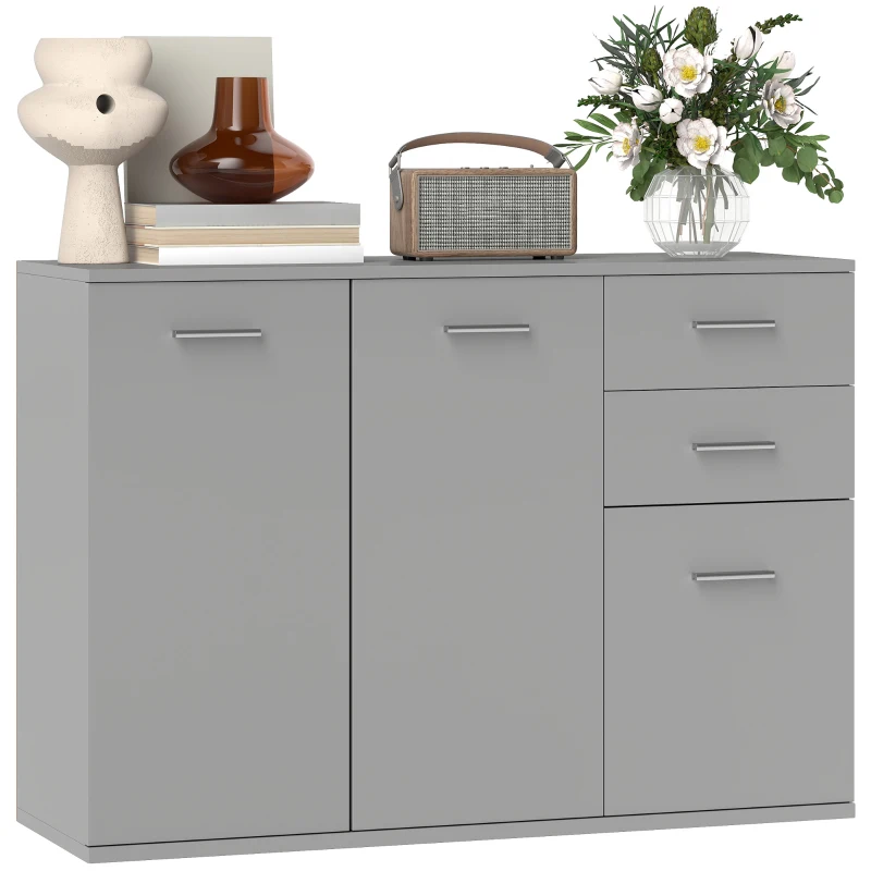 HOMCOM Bufet Modern cu 3 Dulapuri și 2 Sertare, din Lemn, 106x35x76 cm, Gri Deschis
