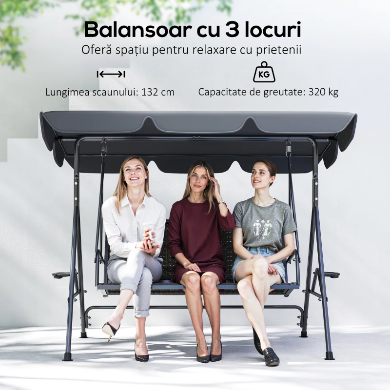 Outsunny Balansoar de Grădină 3 Locuri din Ratan PE cu Acoperiș Reglabil și Suporturi pentru Pahare, Balansoar de Exterior cu Cadru din Oțel, Capacitate 320 kg, 204x112x150 cm, Gri