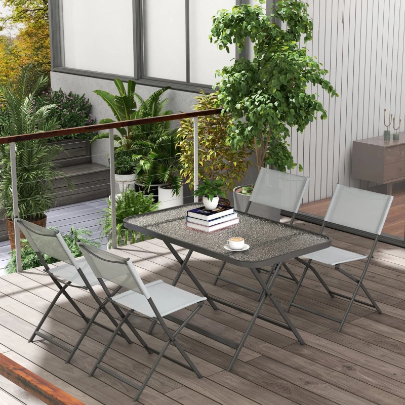 Outsunny Ensemble de jardin 4 chaises + 1 table salon de jardin 5 pièces pilables chaises textilènes plateau en verre trempé gris