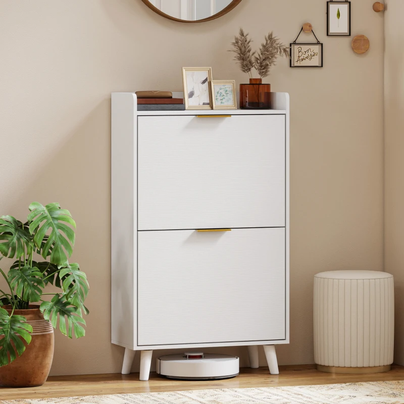 HOMCOM Meuble à chaussures 12 paires, armoire à chaussures étroite avec 2 tiroirs rabattables, étagères réglables, blanc