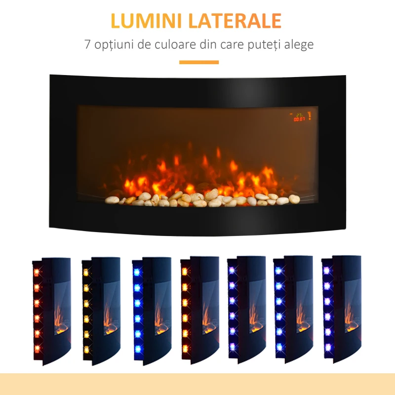 HOMCOM Șemineu Electric de Perete cu Lumină LED în 7 Culori, Putere 1000/2000W și Temperatură 15-30°C, Negru