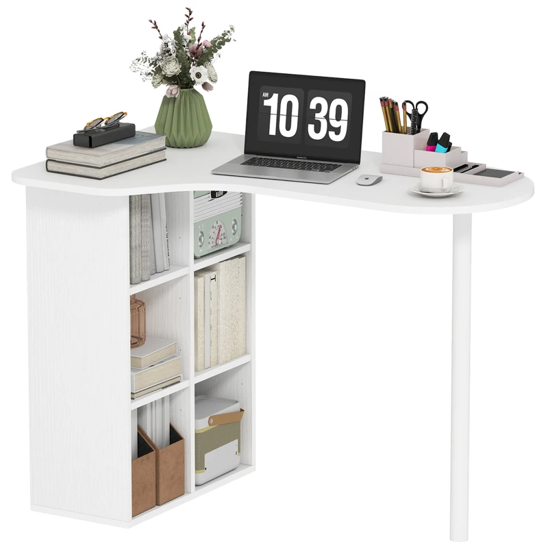 HOMCOM Birou pentru Cameră cu Blat Curbat, 6 Rafturi și 4 Polițe Reglabile, din Oțel și Lemn, 100x59x75,5 cm, Alb