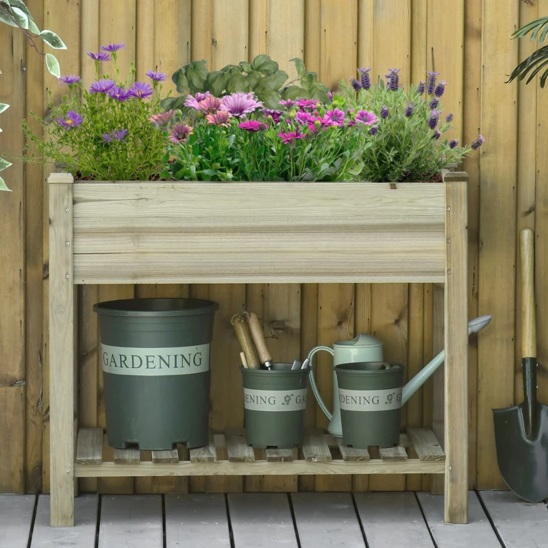 Outsunny Huerto Urbano de Madera con Estante Mesa de Cultivo Rectangular con Orificios de Drenaje para Cultivos Plantas Jardín Terraza Exterior Carga 80 kg 91x51x76 cm Natural