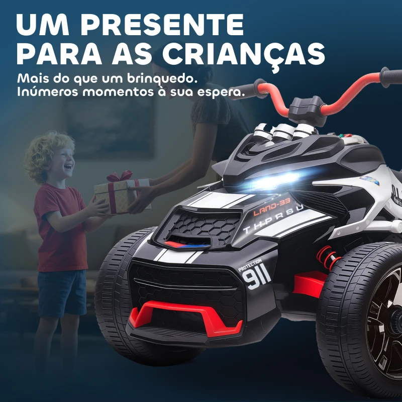 AIYAPLAY Quadricilo Elétrico para Crianças 12V com 2 Motores Velocidade até 5 km/h 3 Rodas Faróis Buzina Música 113x74x63 cm Preto e Branco