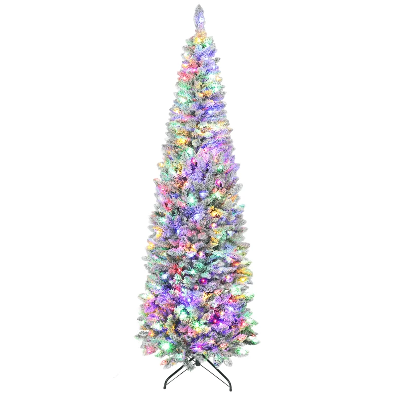 HOMCOM Árvore de Natal Estreita 210 cm Nevada com Luzes LED Bicolores 11 Modos de Iluminação 687 Ramos Suporte Metálico Verde
